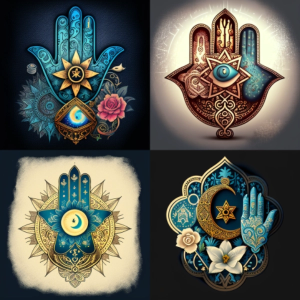 Image de la main hamsa avec différents autres symboles